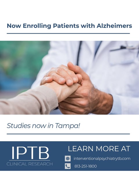 Doctor and patient holding hands with text about Alzheimers study enrollment in Tampa