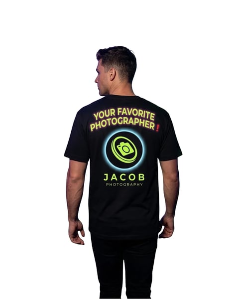 Man wearing black t-shirt with Jacob Photography logo and Your Favorite Photographer text on back
